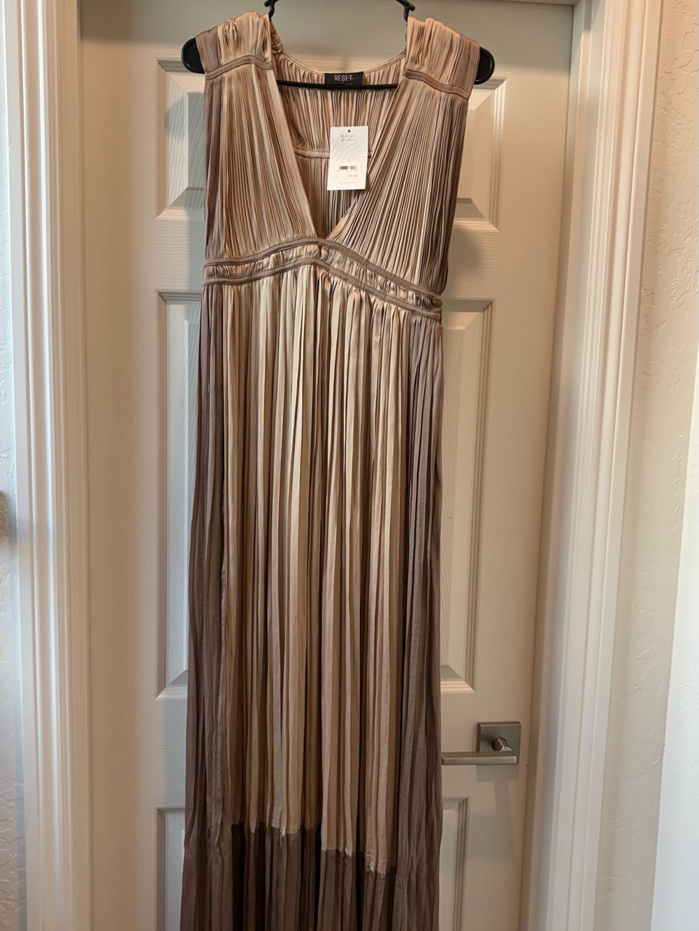 The Reset Pleated V-Neck Maxi Dress in Taupe Beige